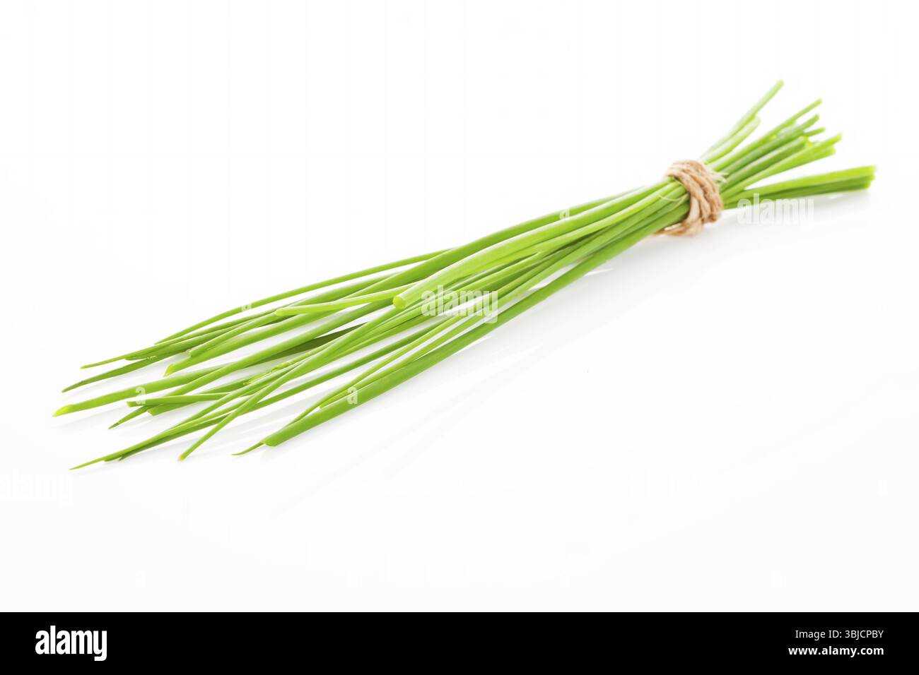 Ciboulette organique liée avec une corde naturelle brune isolée sur fond blanc. Herbe aromatique culinaire Banque D'Images