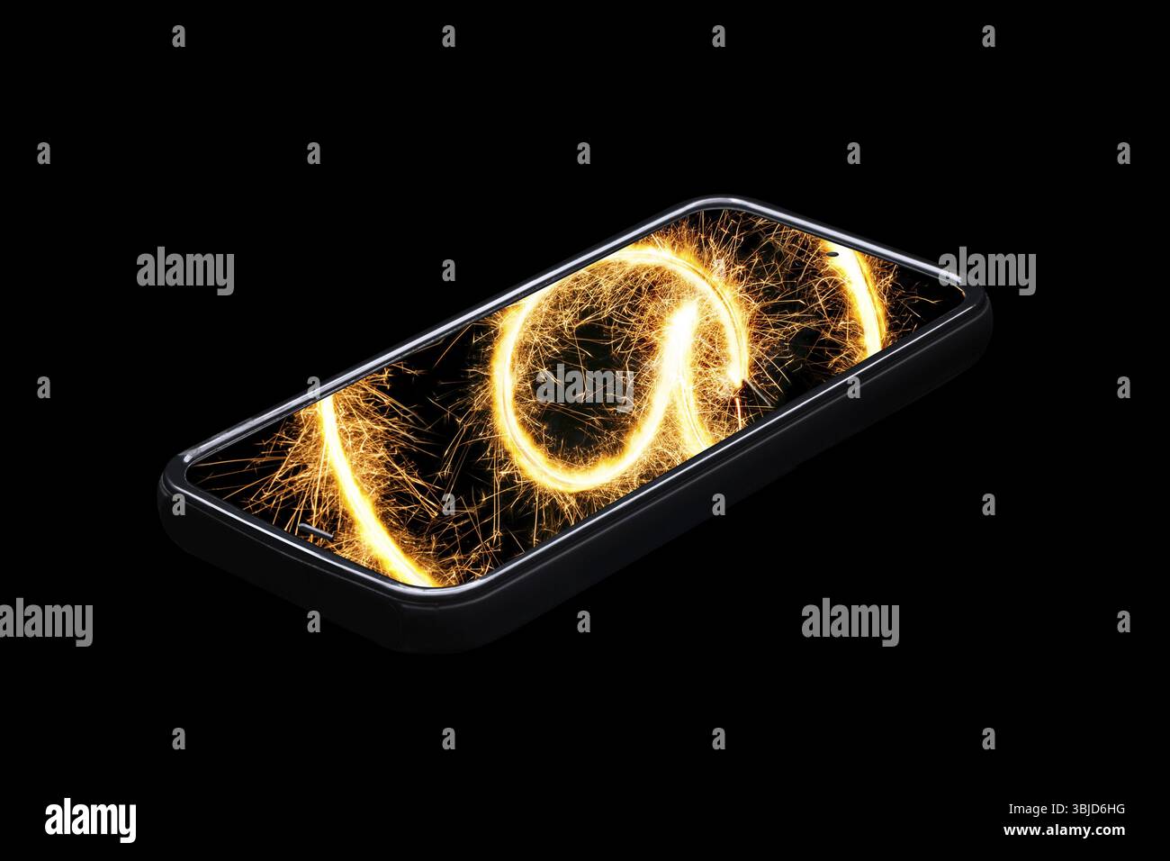 5G Internet haut débit. Scintillant au signe sur le téléphone portable noir Banque D'Images