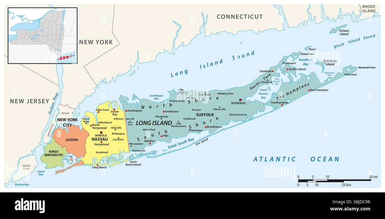 Carte détaillée de long Island, New York, États-Unis Banque D'Images