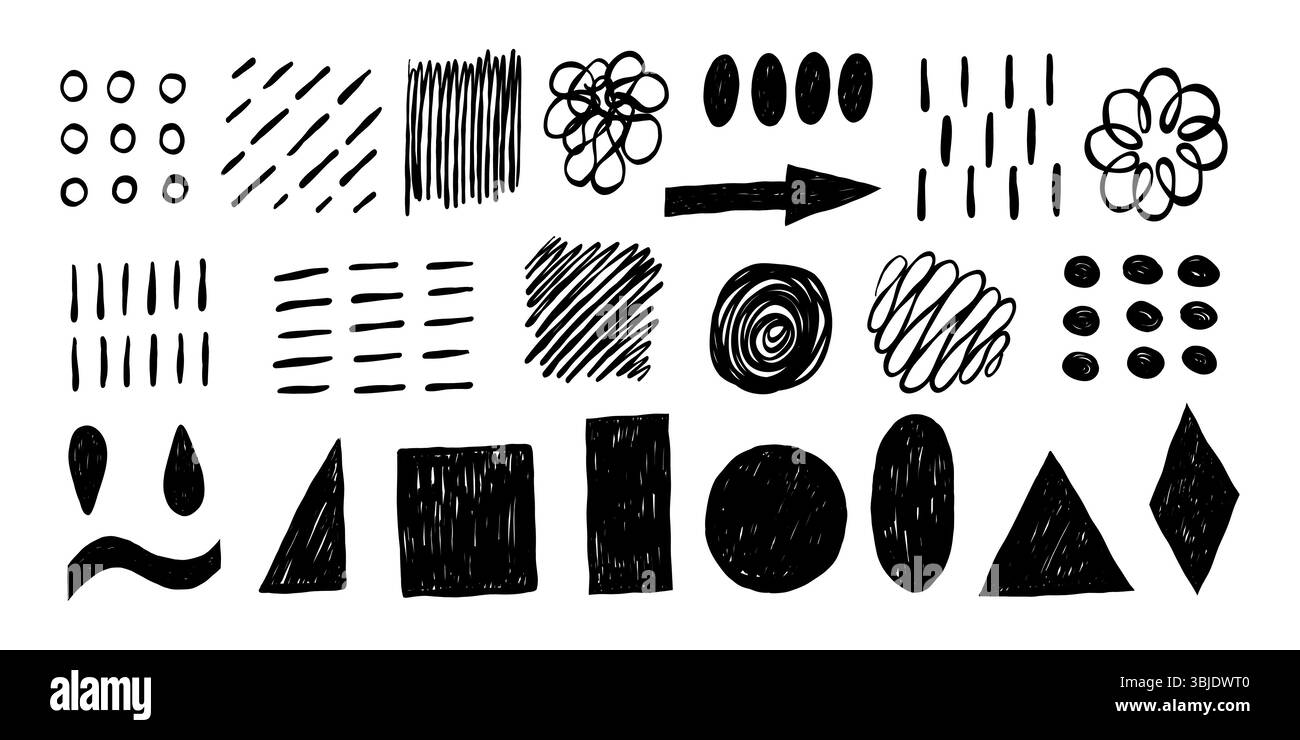 Collection de trait abstrait de couleur noire dessinée à la main et crayon de gribouillage pour des arrière-plans créatifs, des textures ou des compositions artistiques sur blanc. Illustration de Vecteur