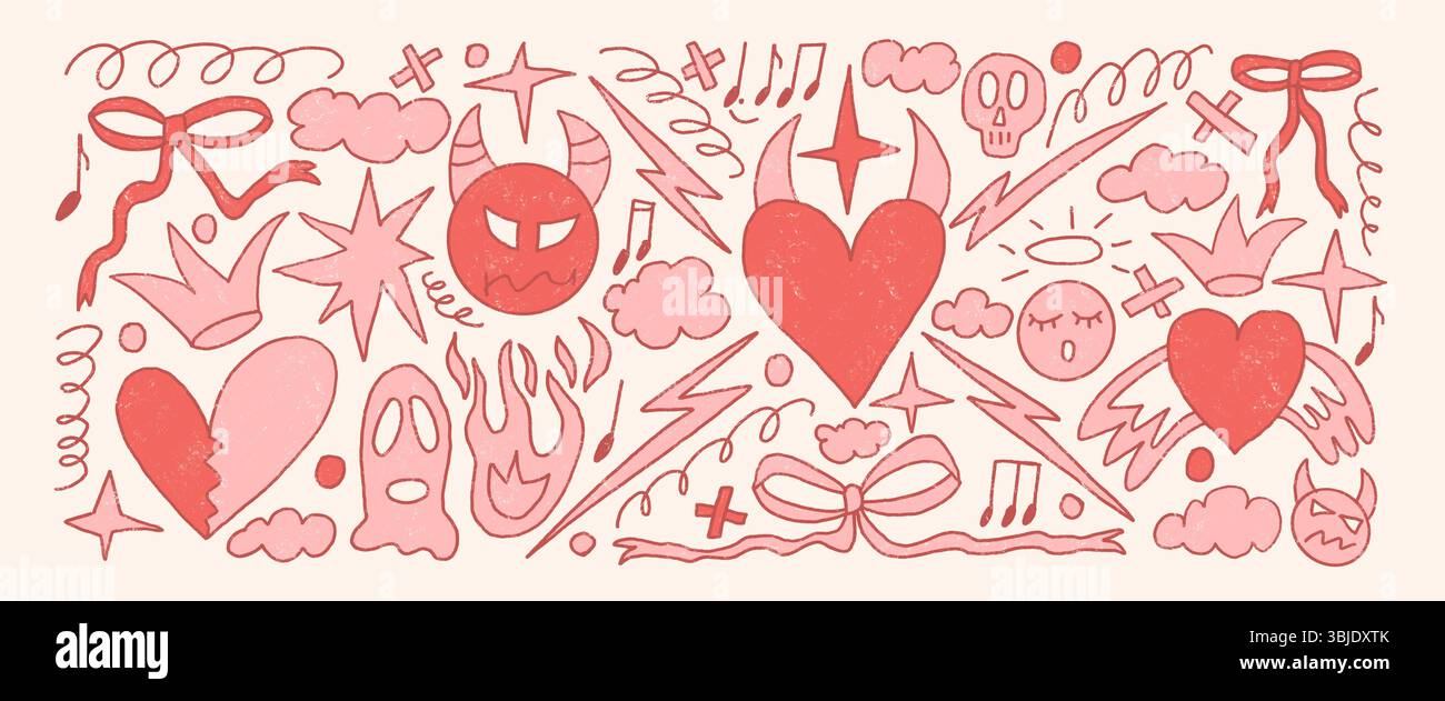 Ensemble de griffonnages coquette en forme de coeur cassant. Diable et anges crayon fond dessiné. Eléments grunge de gribouillage. Feu, arcs, étoiles et formes roses d'art de ligne. V Illustration de Vecteur