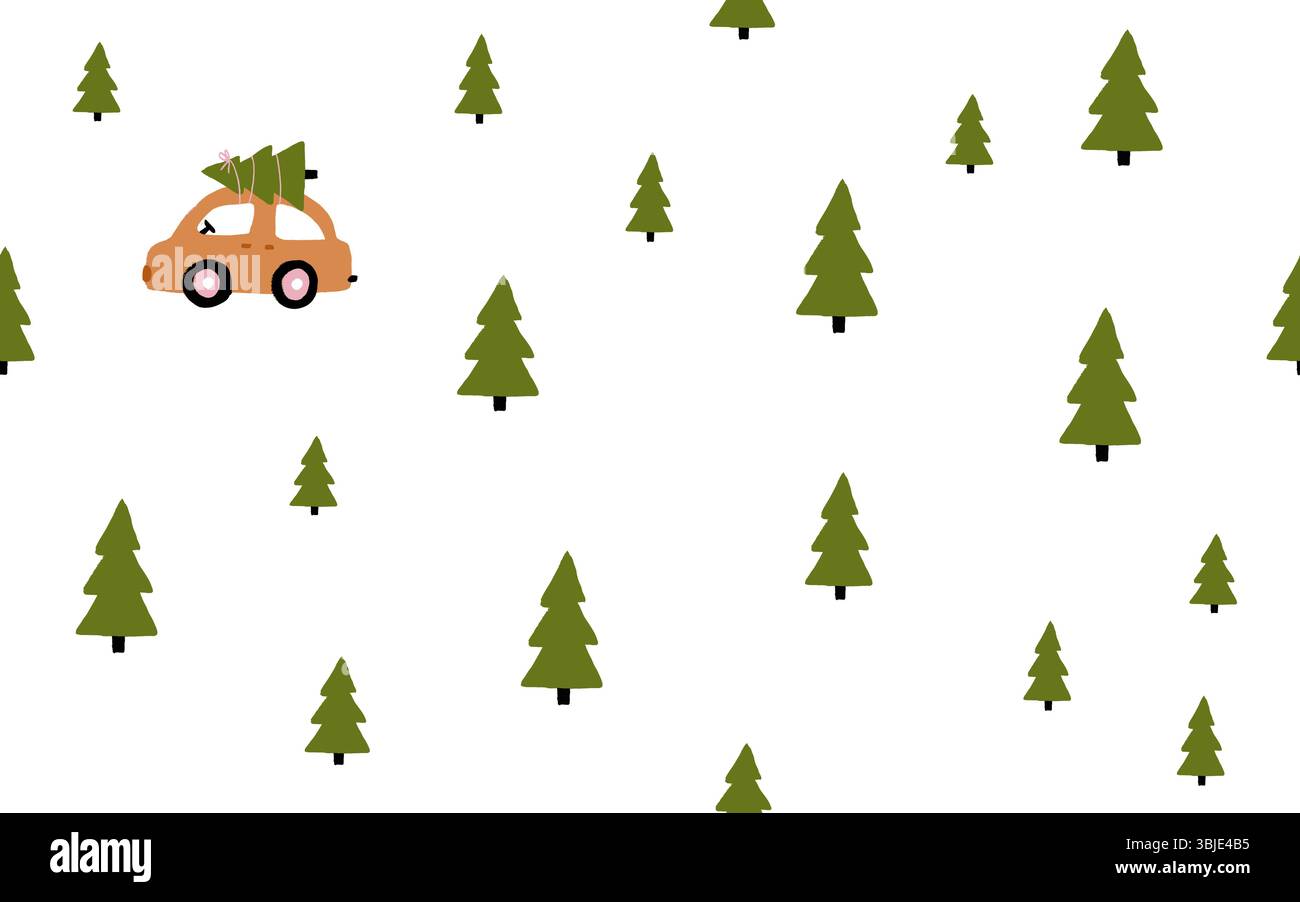 Motifs vectoriels sans couture de forêt d'hiver abstraits. Épicéas mignons et petite voiture isolé sur un fond blanc. Imprimé Noël style infantile. Illustration de Vecteur