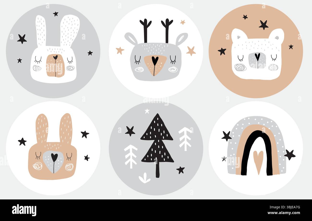 Autocollants vectoriels Cute Woodland Party. Étiquettes de fête de forme ronde avec lapin, cerf, ours, arc-en-ciel, lapin, étoiles et arbres. renne dessiné à la main et renne. Illustration de Vecteur