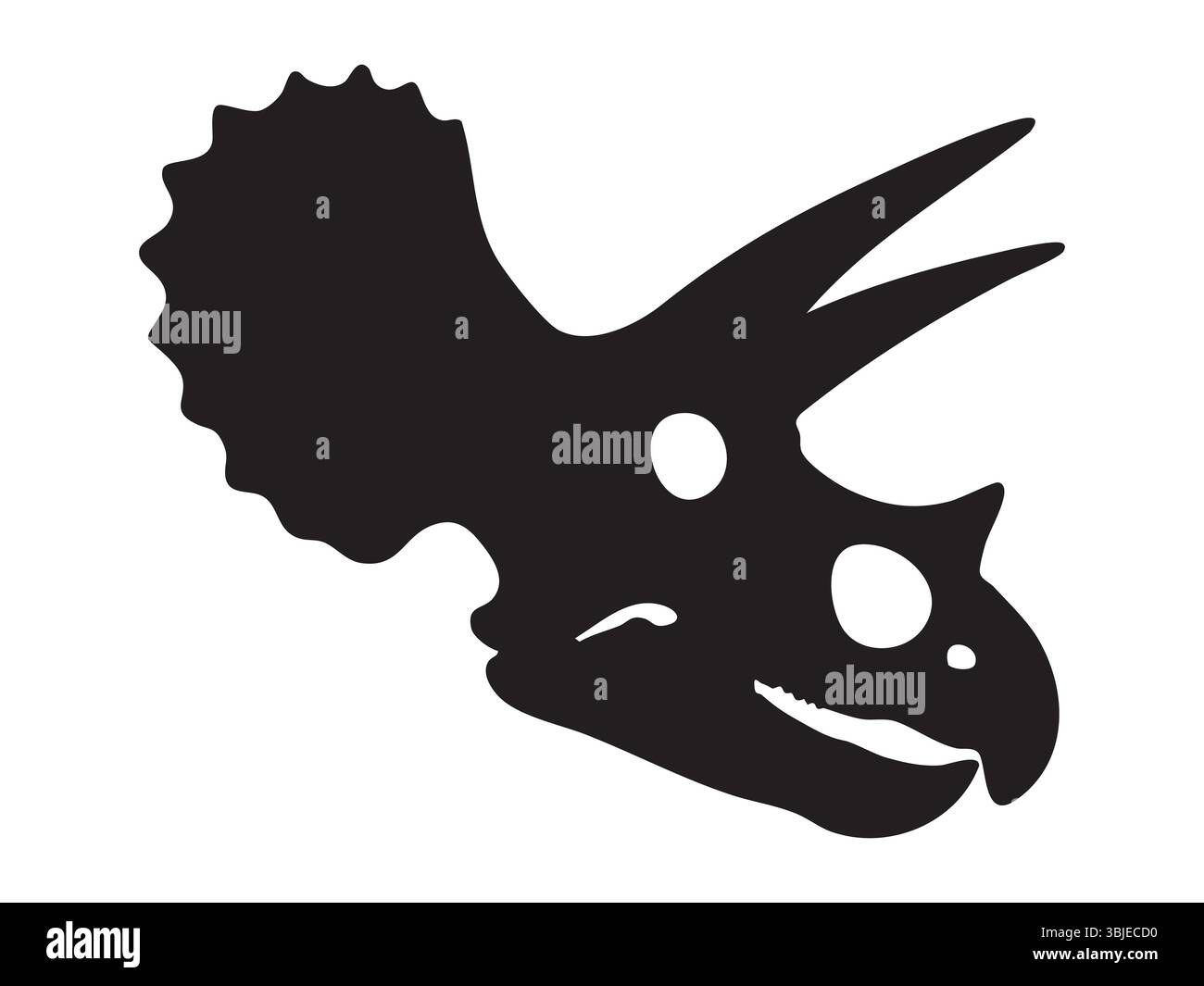 Silhouette noire de crâne de tricératops avec de grandes cornes et volants, isolé sur fond blanc, illustration graphique. Concept de dinosaure préhistorique Illustration de Vecteur