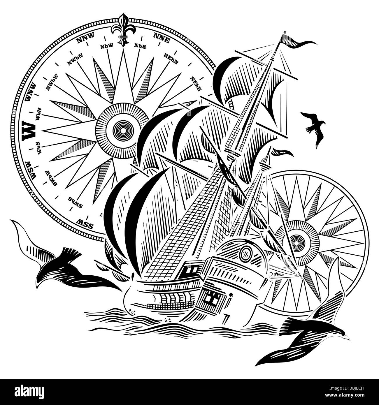 Design inspiré de la marine. Un voilier sur des voiles lâches dans une mer orageuse et des mouettes volantes Illustration de Vecteur