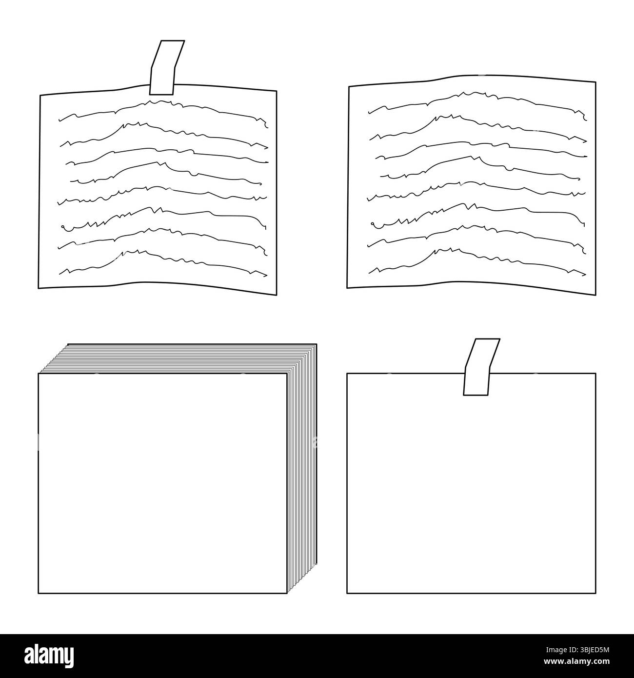 Coloriage avec dessin de contour de feuilles de papier scolaire comprenant pile vierge, note avec ruban adhésif et page manuscrite. Pour divertir les enfants, retour Illustration de Vecteur