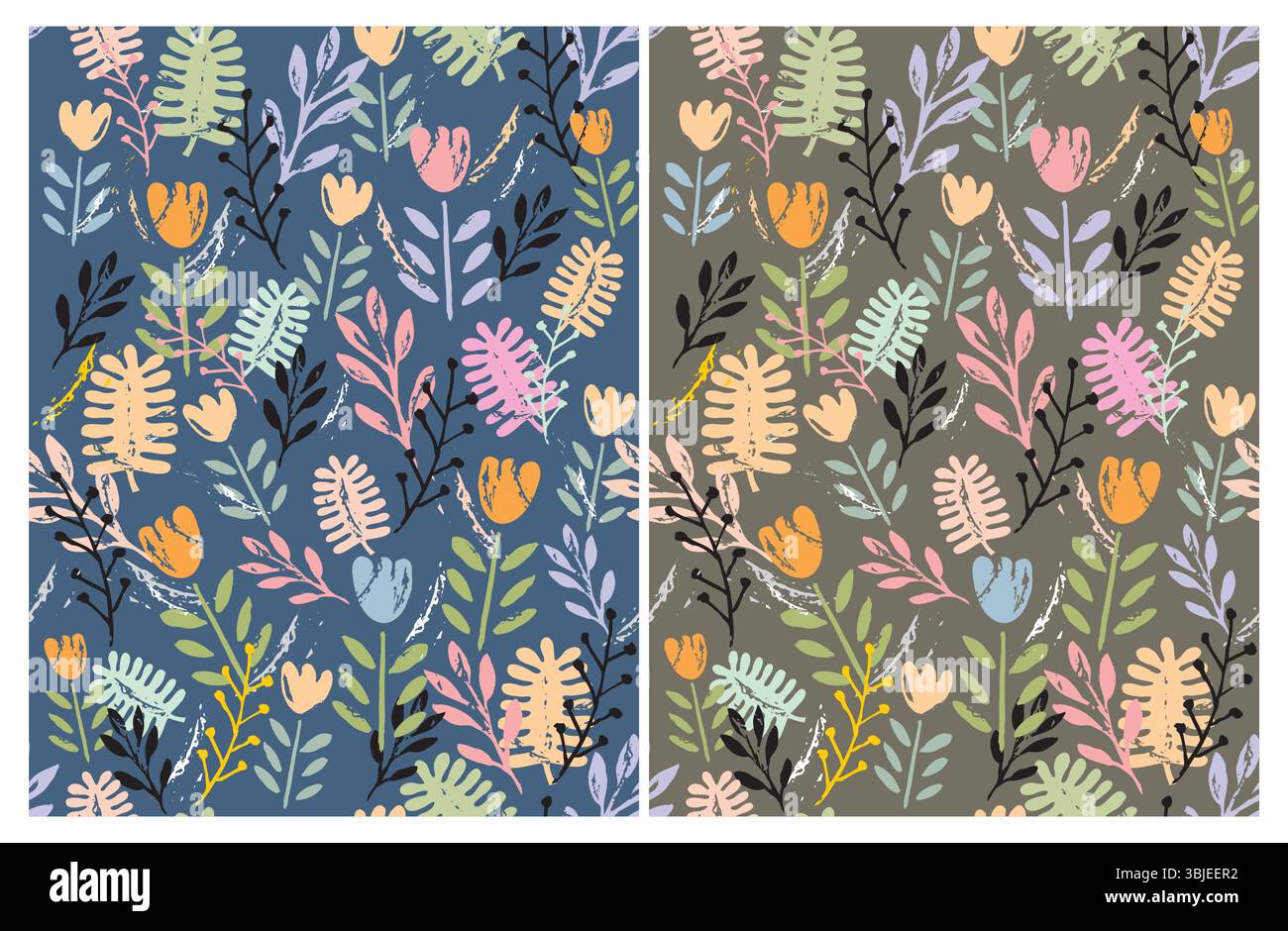 Ensemble de motifs vectoriels mignons à motif floral dessinés à la main. Brindilles et fleurs rose pastel, gris et vert menthe sur fond bleu et brun. Imprimé fleuri enfantin. Illustration de Vecteur