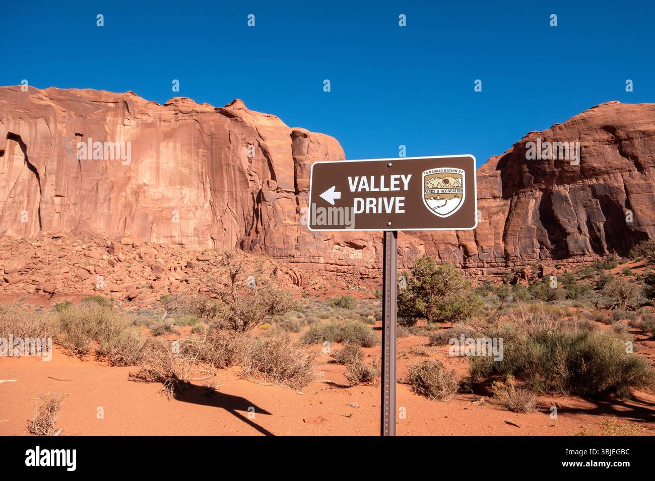 Panneau Valle Drive Road dans le Monument Valley Navajo Tribal Park, Arizona, États-Unis Banque D'Images