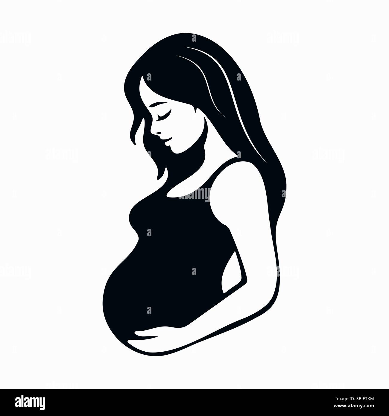 Silhouette d'une femme enceinte dans profil. La femme est montrée tenant doucement sa bosse de bébé avec les deux mains, avec sa tête légèrement inclinée. Illustration de Vecteur