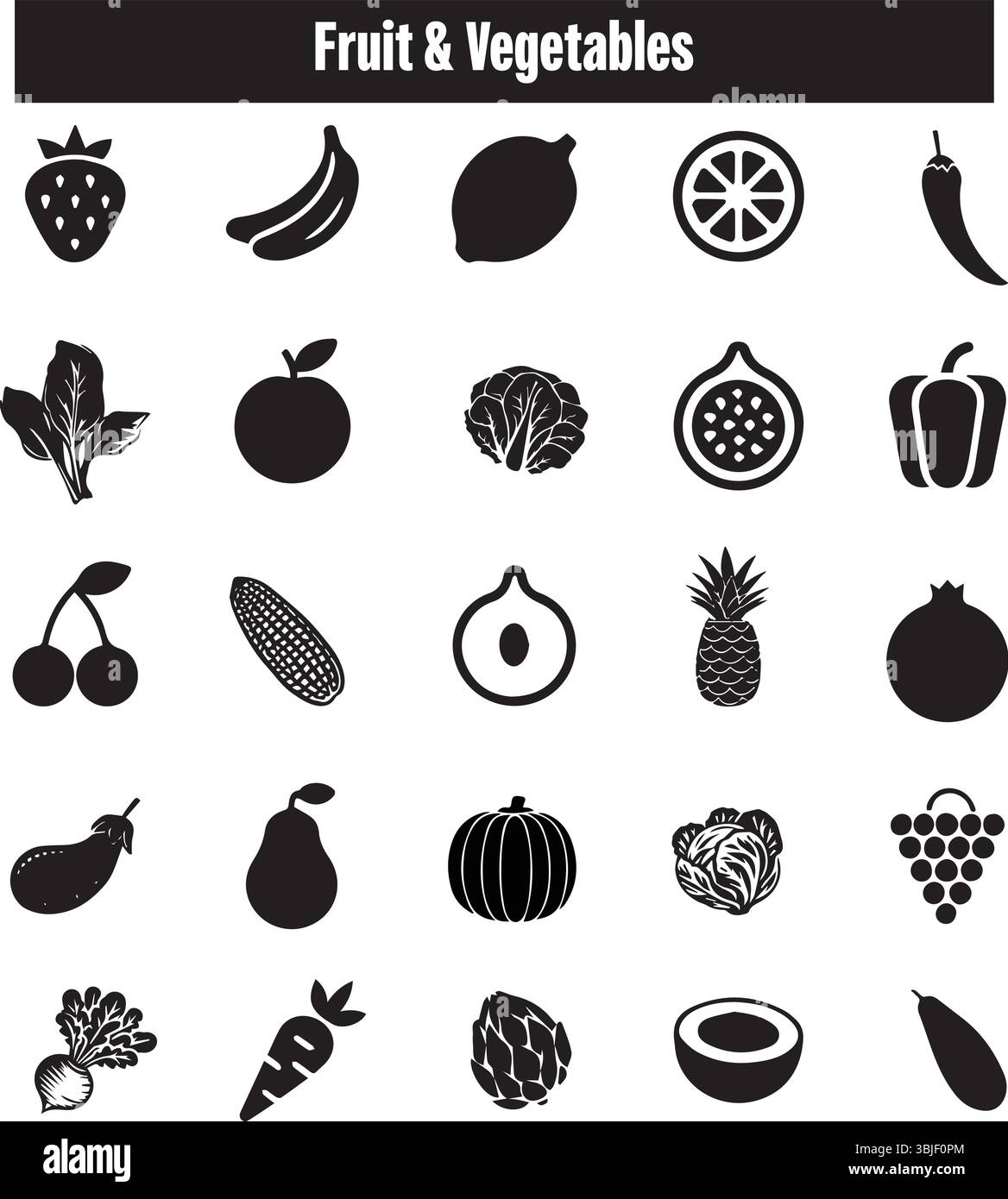 Ensemble d'icônes de fruits et légumes – illustrations de nourriture de style Silhouette Illustration de Vecteur