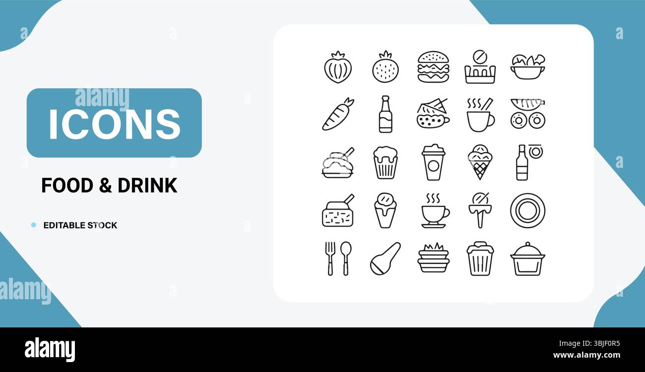 Jeu d'icônes de nourriture et de boisson de ligne minimale – Pack vectoriel modifiable Illustration de Vecteur