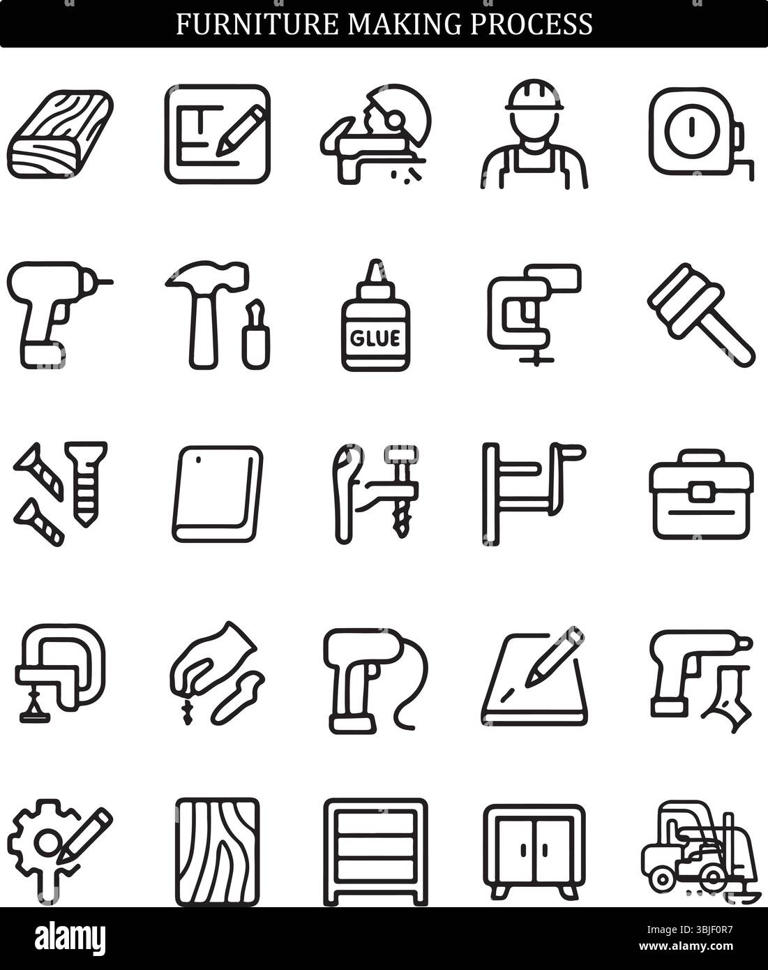 Icônes du processus de fabrication de meubles – ensemble d'outils de travail du bois et de symboles artisanaux Illustration de Vecteur