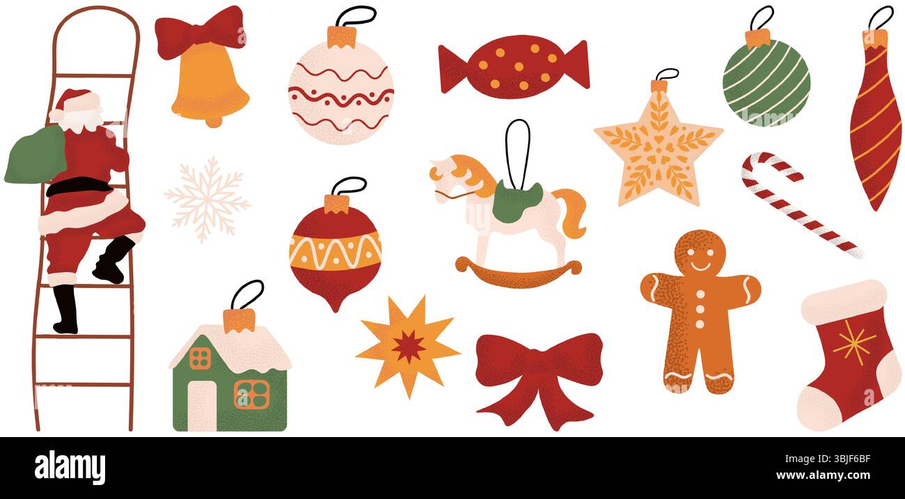 Grand ensemble de boules et décorations pour sapin de Noël. Collection de beaux jouets décoratifs. Ornements de Noël. Illustration vectorielle Illustration de Vecteur