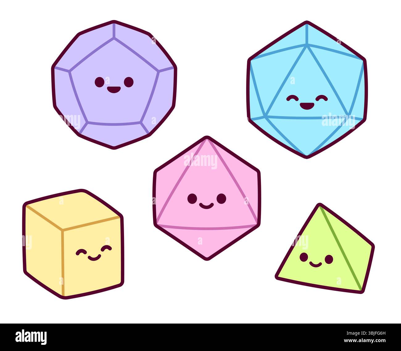 Jeu de dés pour jeux de rôle fantastiques. Cinq polyèdres colorés différents avec des visages de dessins animés mignons. Icônes vectorielles Kawaii. Illustration de Vecteur