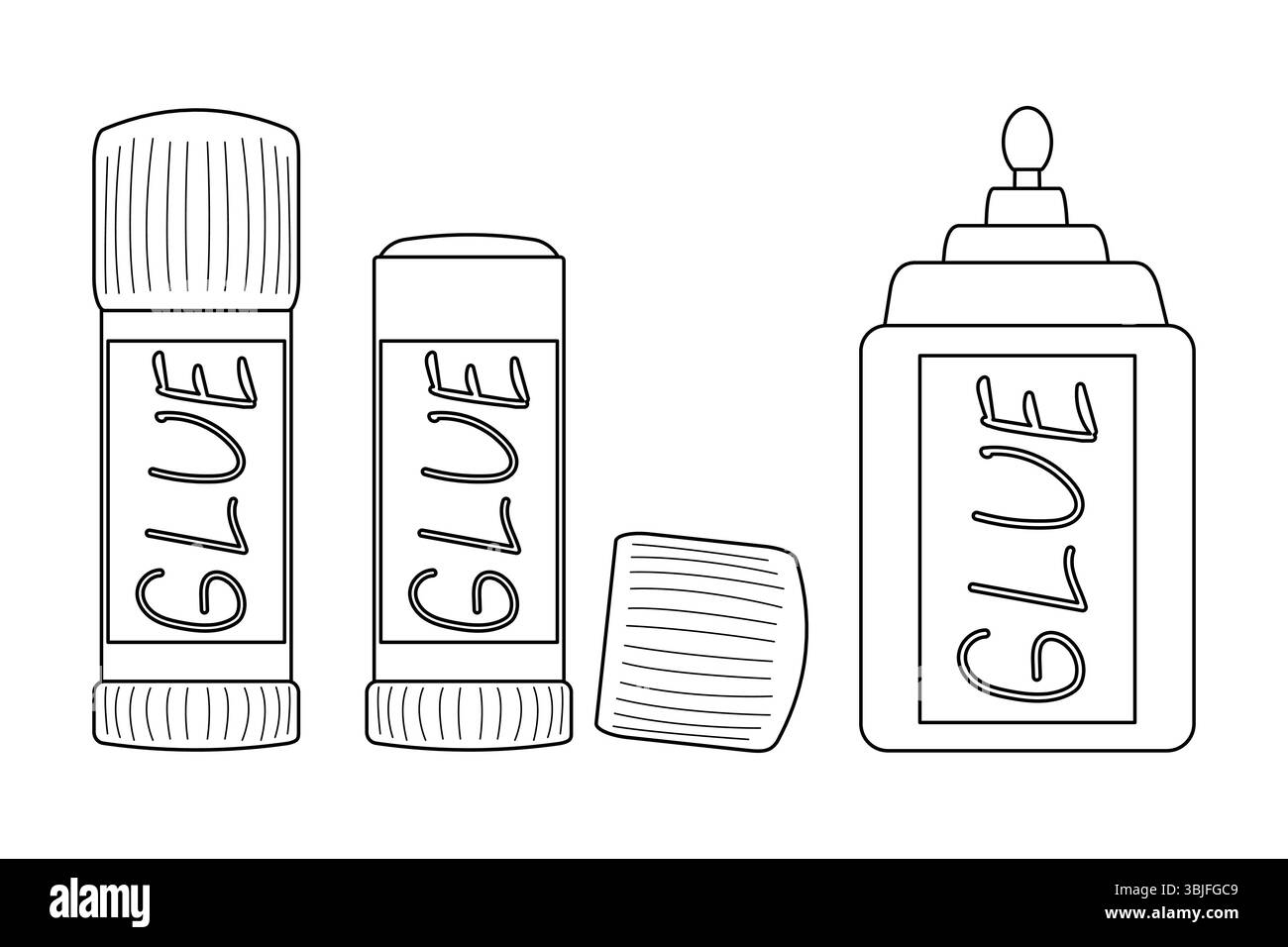 Coloriage avec dessin de contour de différents types de fournitures d'artisanat scolaire ensemble avec des bâtons de colle et bouteille de colle liquide. Pour divertir les enfants activit Illustration de Vecteur