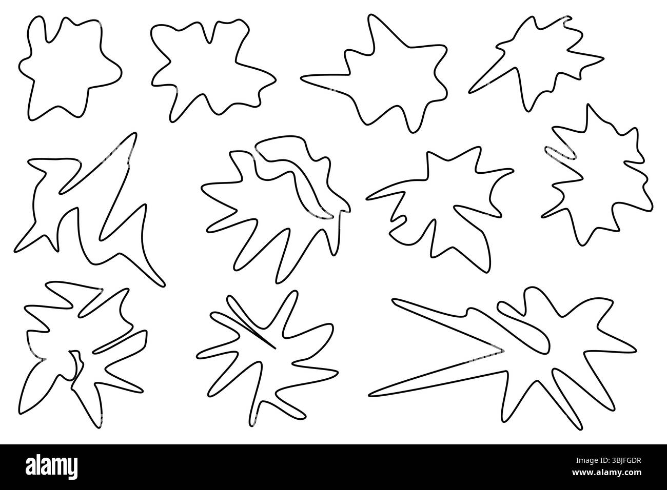 Coloriage avec dessin de contour d'un ensemble d'éclaboussures de peinture abstraites de différentes formes. Éléments artistiques pour la créativité scolaire. Pour divertir les enfants Illustration de Vecteur