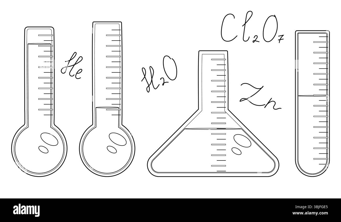 Coloriage avec dessin de contour des flacons de chimie avec liquides et formules chimiques. Pour divertir les enfants, la rentrée scolaire ou l'éducation blac Illustration de Vecteur