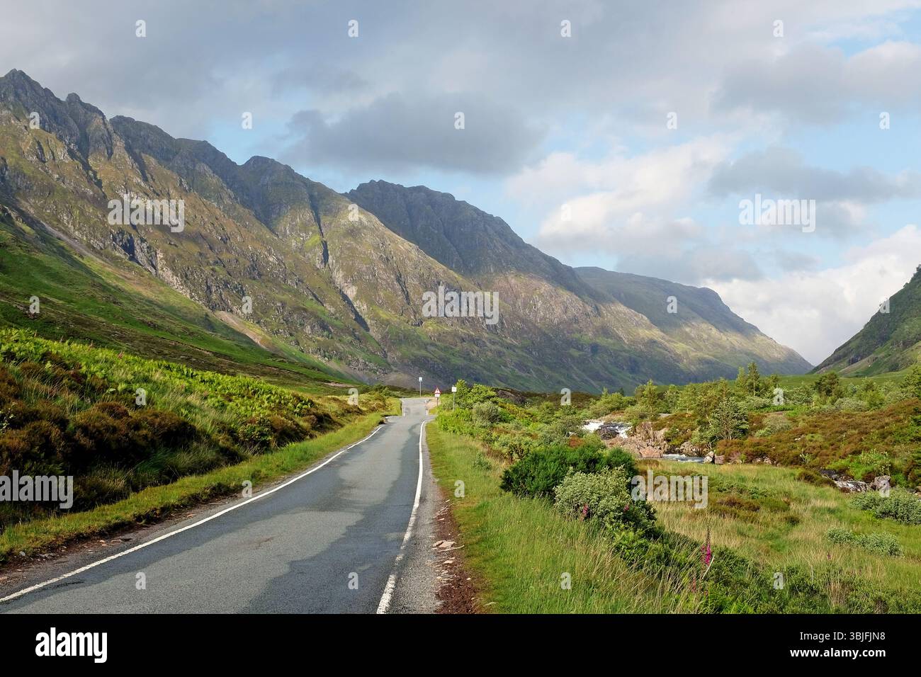 Vue vers la crête de Sgor nam Fiannaigh, Stob Coire Leith et Meall Dearg depuis le plancher de la vallée de Glencoe, Écosse, Royaume-Uni Banque D'Images