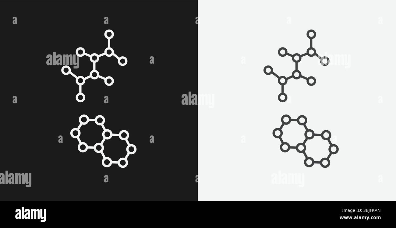 Structures moléculaires complexes sur fond noir et blanc, représentant la chimie ou la science, icônes de contour blanc Illustration de Vecteur