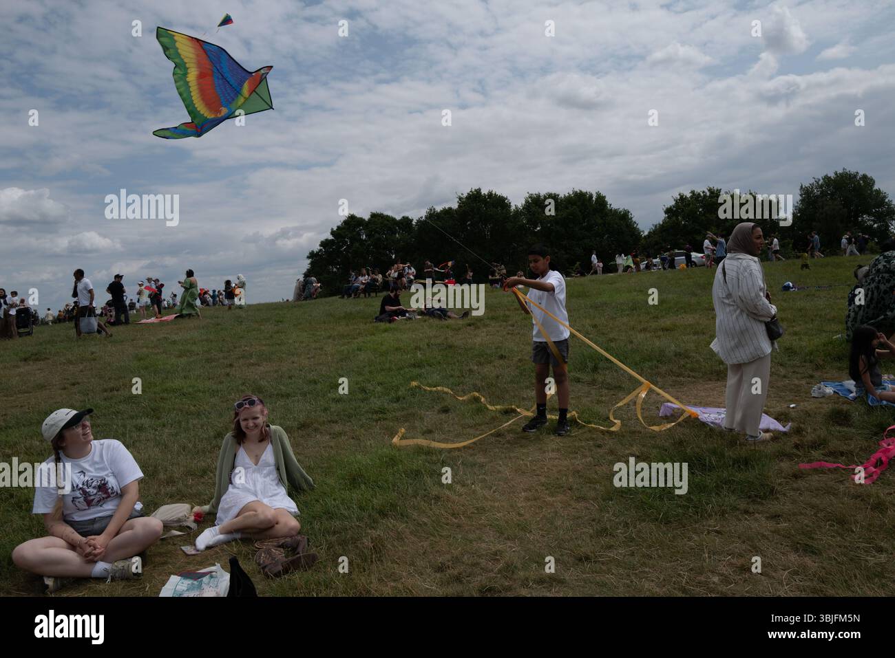 Londres, Royaume-Uni. 15 juin 2025. Les partisans de la Palestine font voler des cerfs-volants colorés sur la colline du Parlement à Londres, s'unissant dans un rassemblement de solidarité. Cet événement pacifique voit des individus et des familles lancer des cerfs-volants marqués de symboles palestiniens pour exprimer espoir, unité et soutien émotionnel aux enfants palestiniens touchés par le conflit. Le rassemblement évoque la tradition de longue date du kite-fly comme symbole de liberté et de résistance, offrant un moment de réflexion et d’expression communautaire dans l’espace vert public. Crédit : Joao Daniel Pereira/Alamy Live News Banque D'Images
