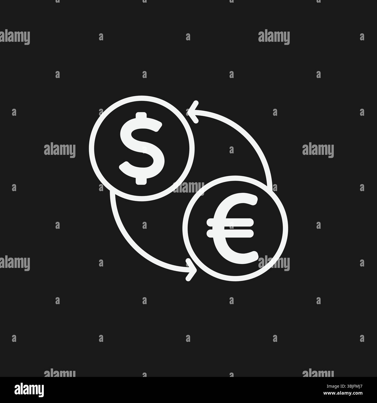 Dollar et euro change de devises avec des flèches sur fond noir, représentant des transactions financières ou conversion, icône contour blanc Illustration de Vecteur