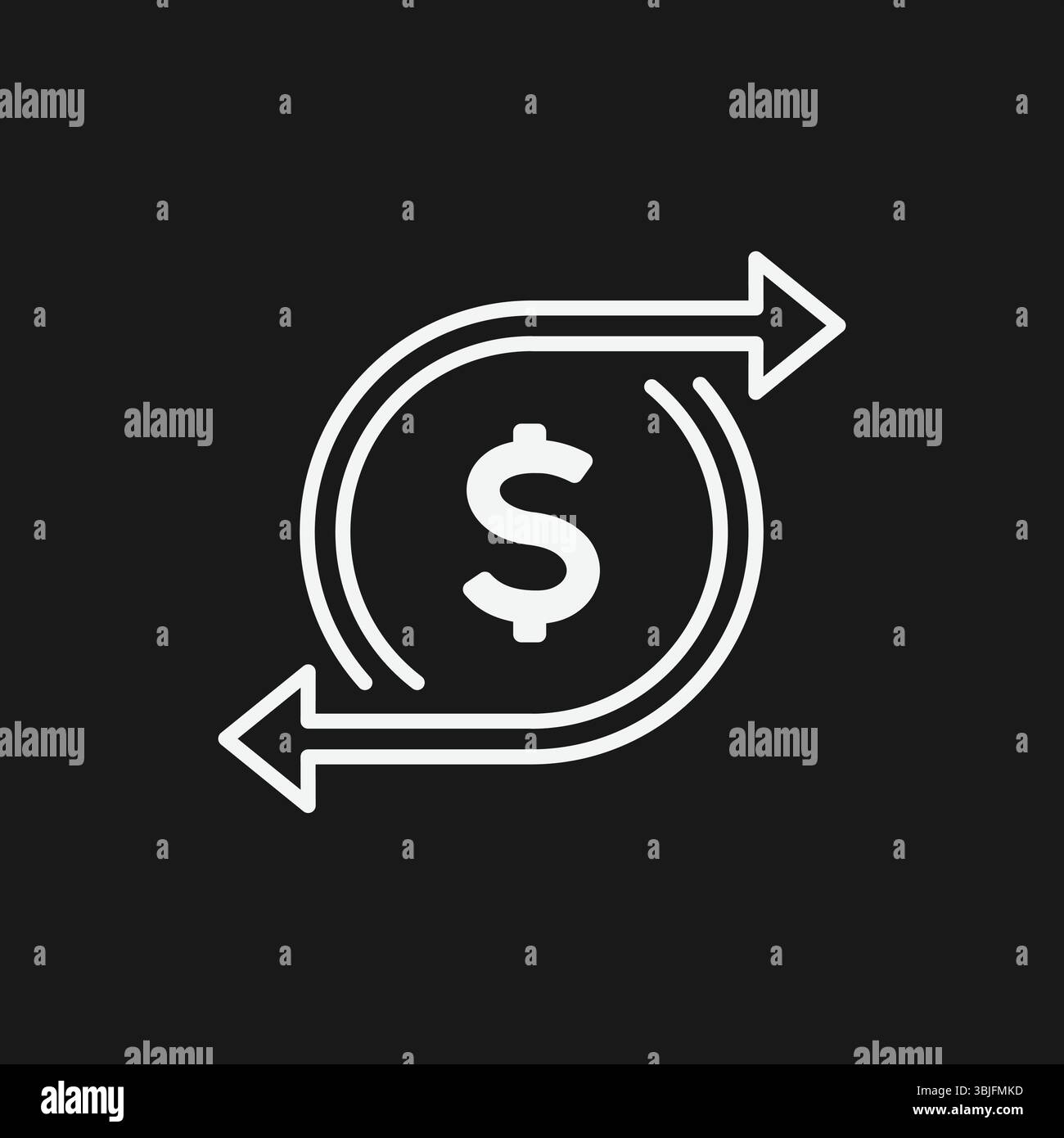 Dollar signe en cercle avec des flèches circulaires sur fond noir, représentant Cashback ou change d'argent, icône contour blanc Illustration de Vecteur