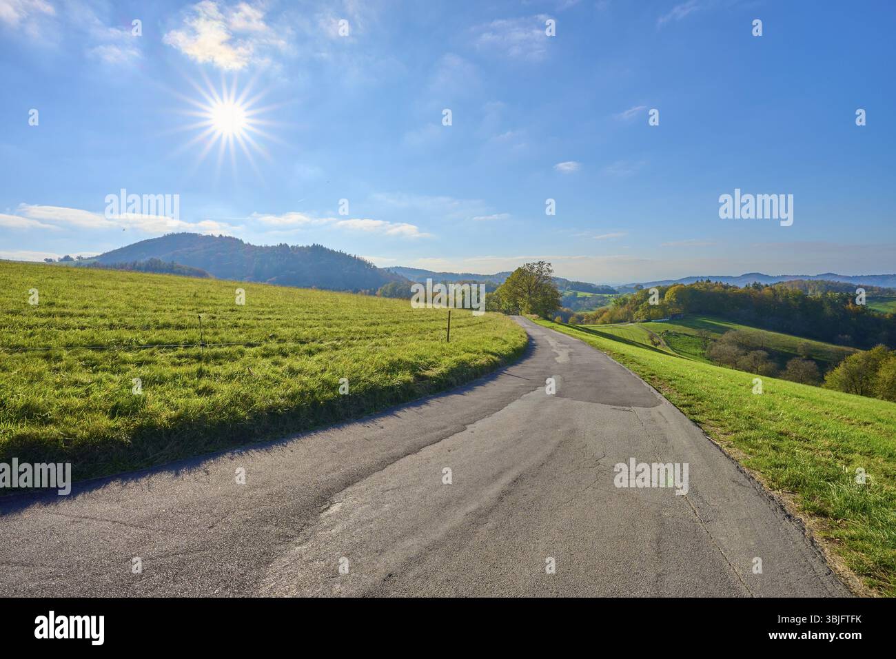 Route sinueuse à travers un paysage vallonné ensoleillé sous un ciel clair, Voeckelsbach, Moerlenbach, Bergstrasse district, Odenwald, Hesse, Allemagne, Europe Banque D'Images
