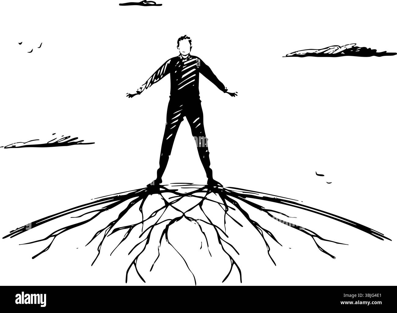 Une illustration montrant une personne enracinée dans la nature, symbolisant une connexion profonde et une croissance dans la vie Banque D'Images