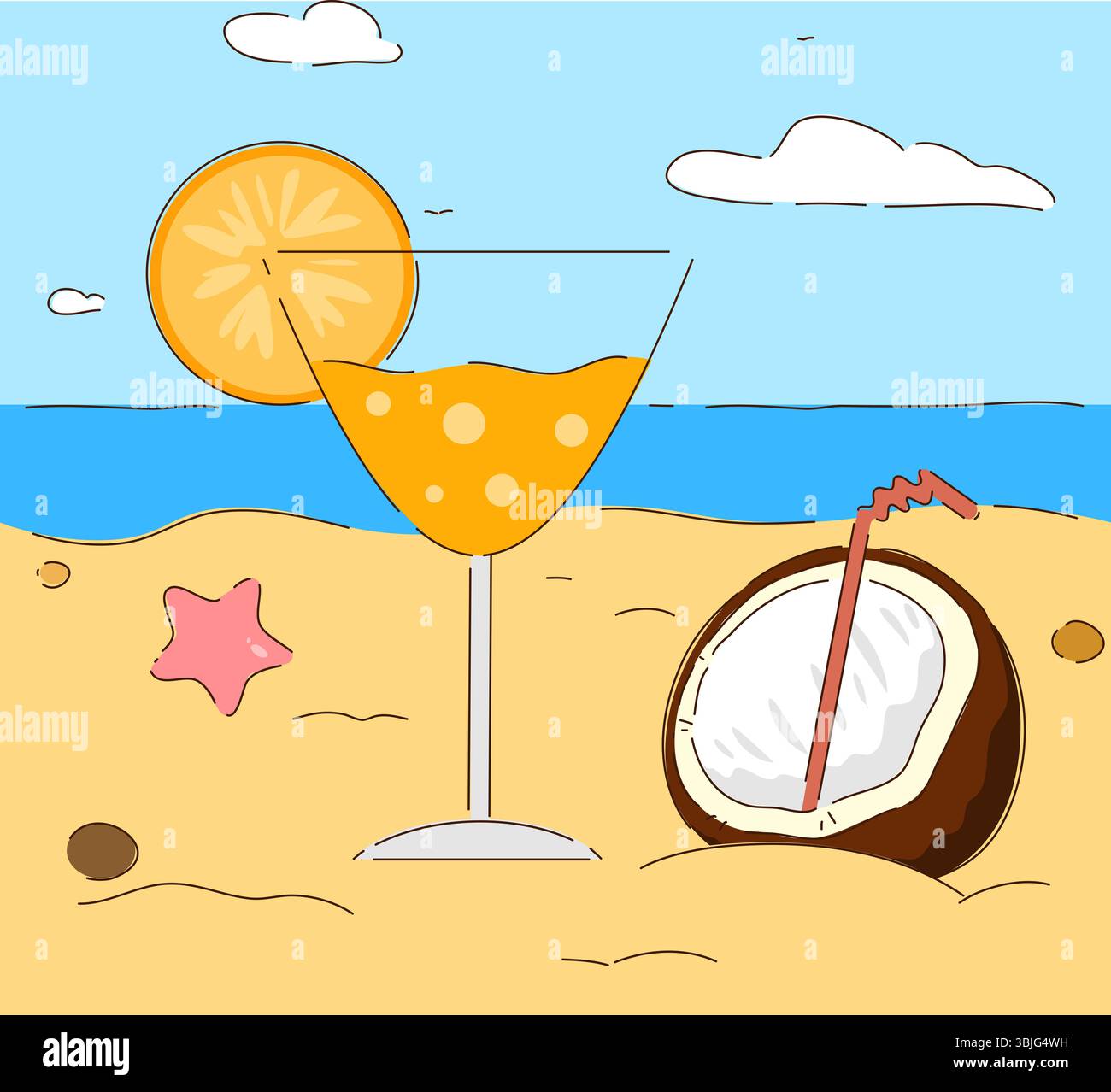 Profitez d'une scène de plage dynamique qui propose des boissons tropicales colorées et des vibrations de plage ensoleillées et joyeuses tout autour Banque D'Images