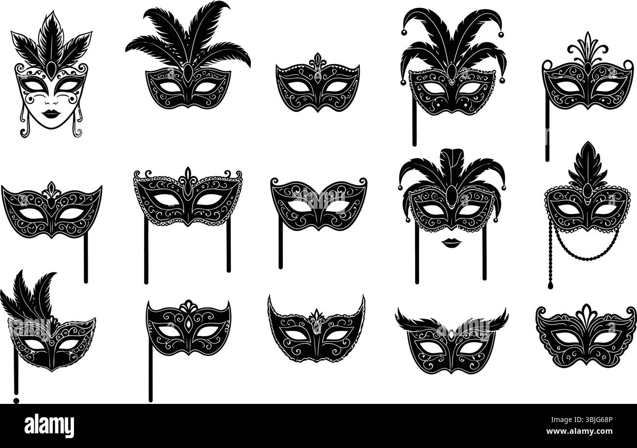 Collection vectorielle de masque de carnaval vénitien orné noir et blanc Illustration de Vecteur