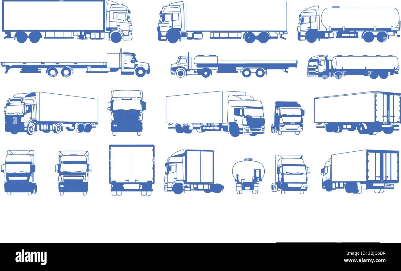 Ensemble vectoriel de contour de camion et de remorque pour le transport et la logistique Illustration de Vecteur