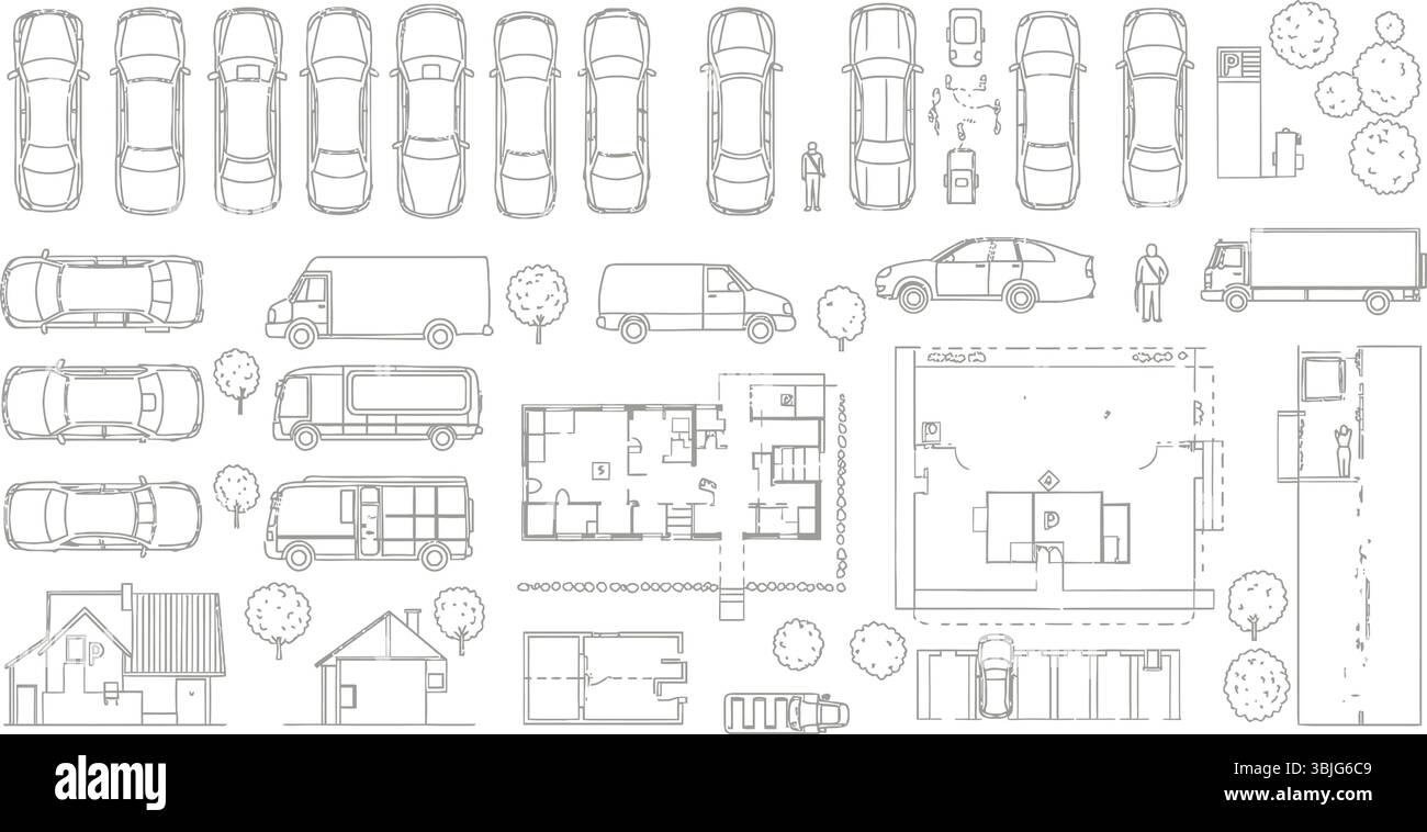 Illustrations vectorielles descendantes de voitures, camions et plans architecturaux Illustration de Vecteur