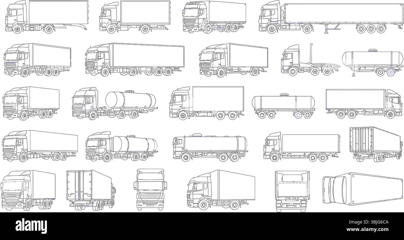 Ensemble vectoriel de contour de camion et de remorque pour le transport et la logistique Illustration de Vecteur