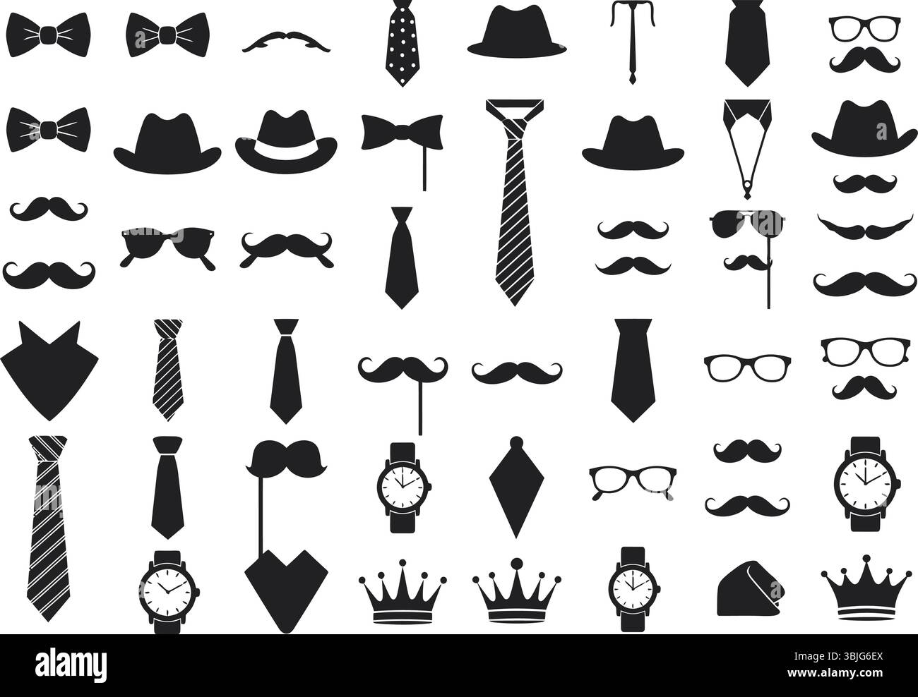 Ensemble d'icônes vectorielles Accessoires Gentleman : moustaches, cravates, chapeaux et lunettes silhouettes Illustration de Vecteur