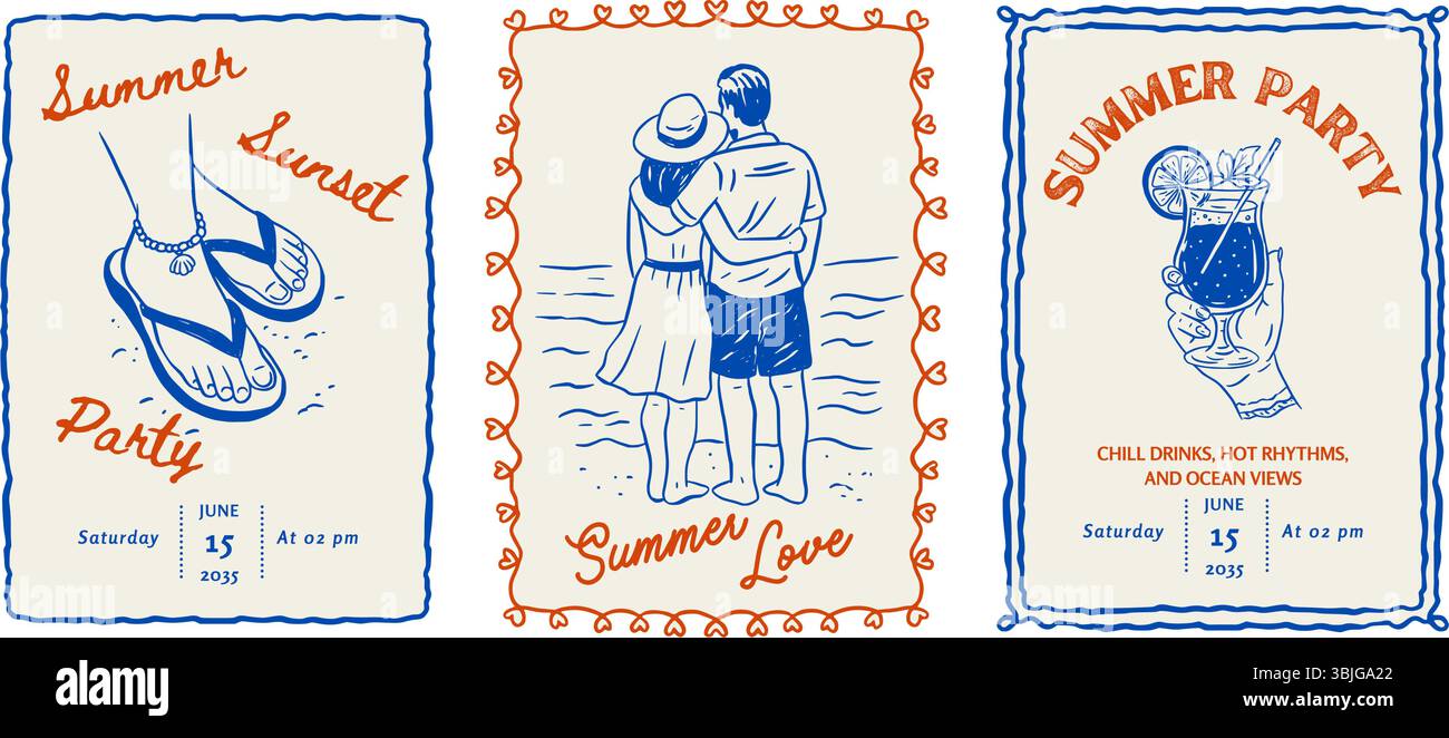 Fête d'été carte postale Vintage Beach fantaisiste Doodle Poster Set Sketch Travel Vector Sea Vacation Illustration de Vecteur