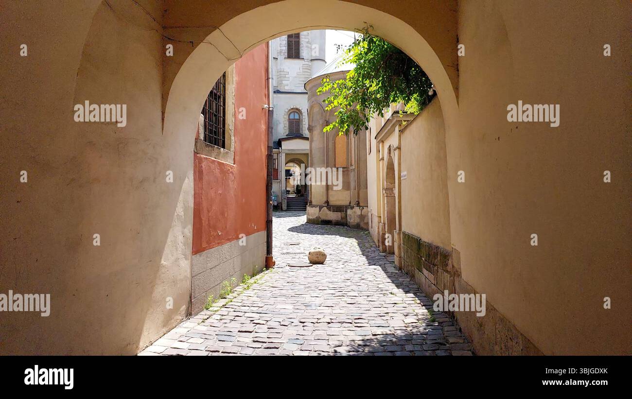 Les visiteurs se promènent dans la cour arménienne de Lviv, en profitant de l'architecture historique et de l'atmosphère paisible, entouré de chemins pavés et Banque D'Images