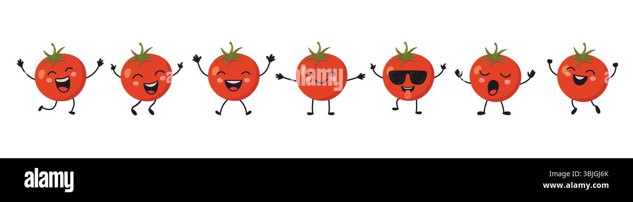 Jeu de personnages de tomate drôle avec des visages et des jambes. Collection de mascotte de tomate rouge de dessin animé pour la conception d'enfants, emballage alimentaire. Clipart vectoriel, style Kawaii Illustration de Vecteur