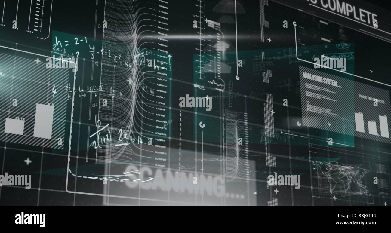 Affichage interface de données affichant des graphiques, des graphiques et des tableaux dans un environnement de console avec carte du monde Banque D'Images
