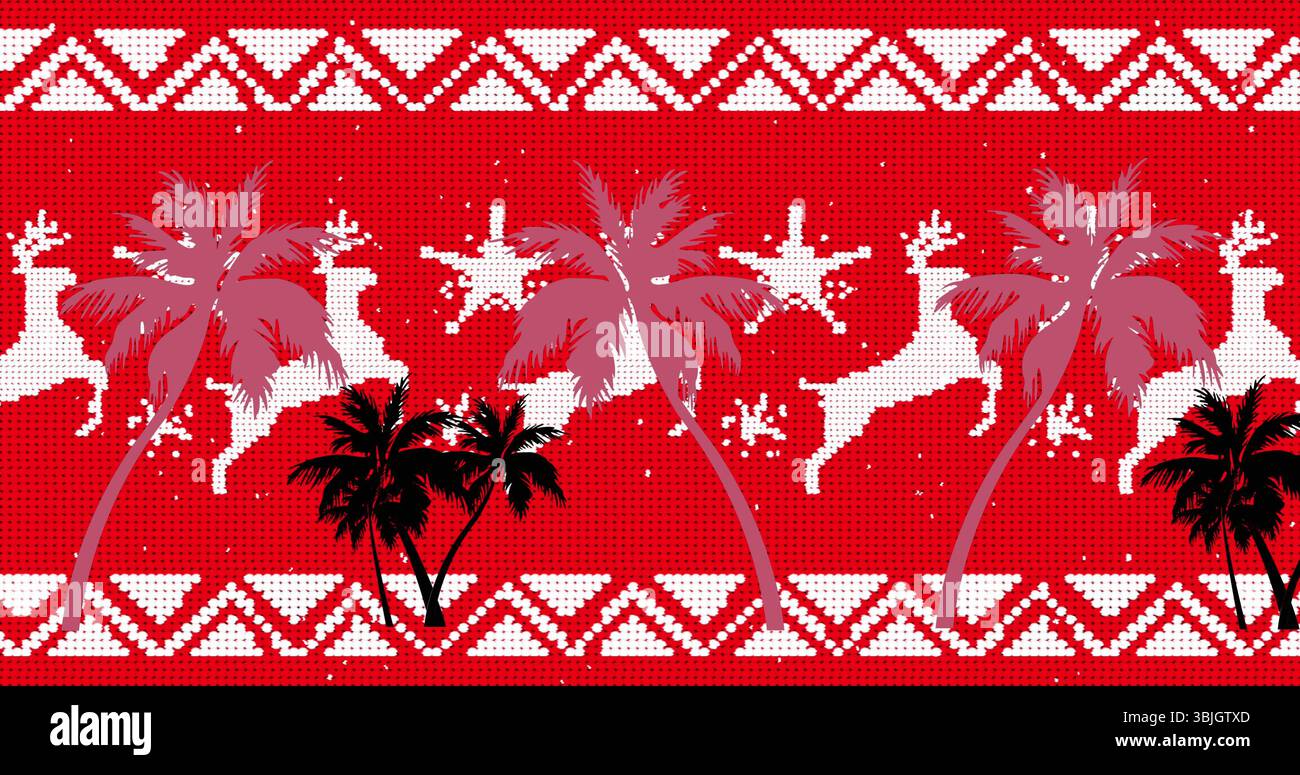 Silhouettes de palmier noir contrastant avec motif textile abstrait rouge, motifs renne et étoile Banque D'Images