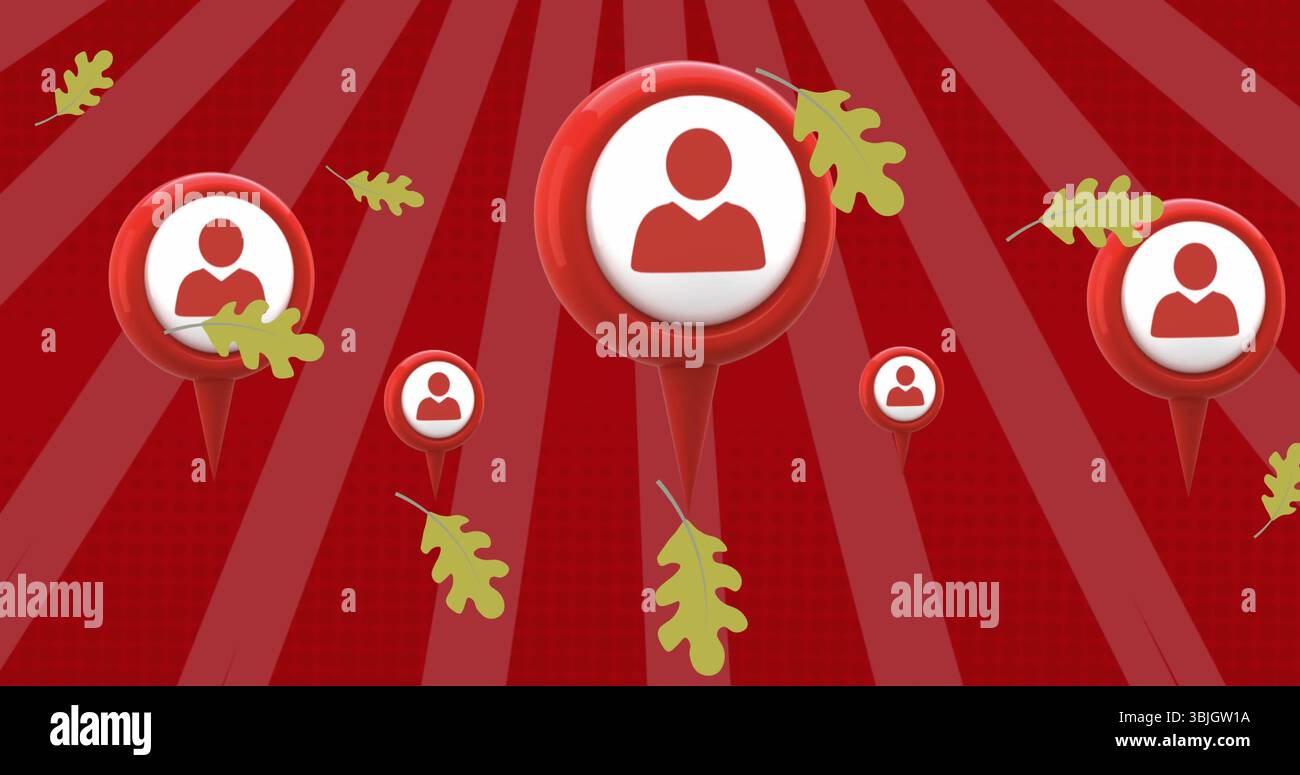 Affichage d'épingle de carte rouge avec silhouette blanche centrée sur le dégradé rouge, feuilles de chêne vert flottant Banque D'Images