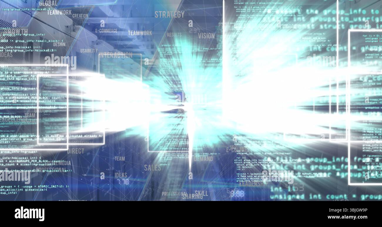 Envoi de flux de code source central éclatant dans un espace de travail virtuel, avec panneaux de code flottants Banque D'Images