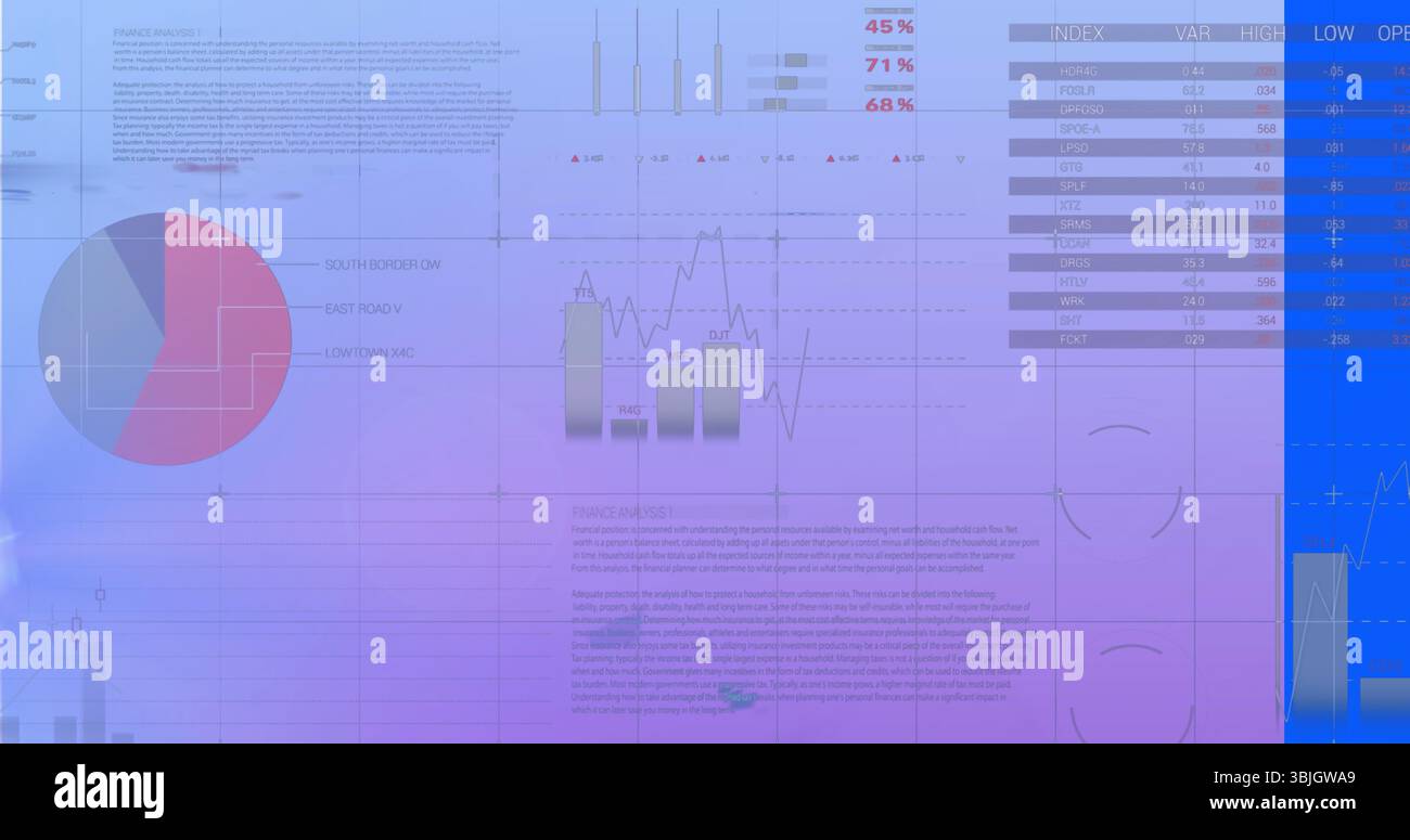 Tableau de bord numérique affichant des graphiques et des tableaux sur dégradé bleu violet, avec graphiques à barres linéaires de graphique circulaire Banque D'Images