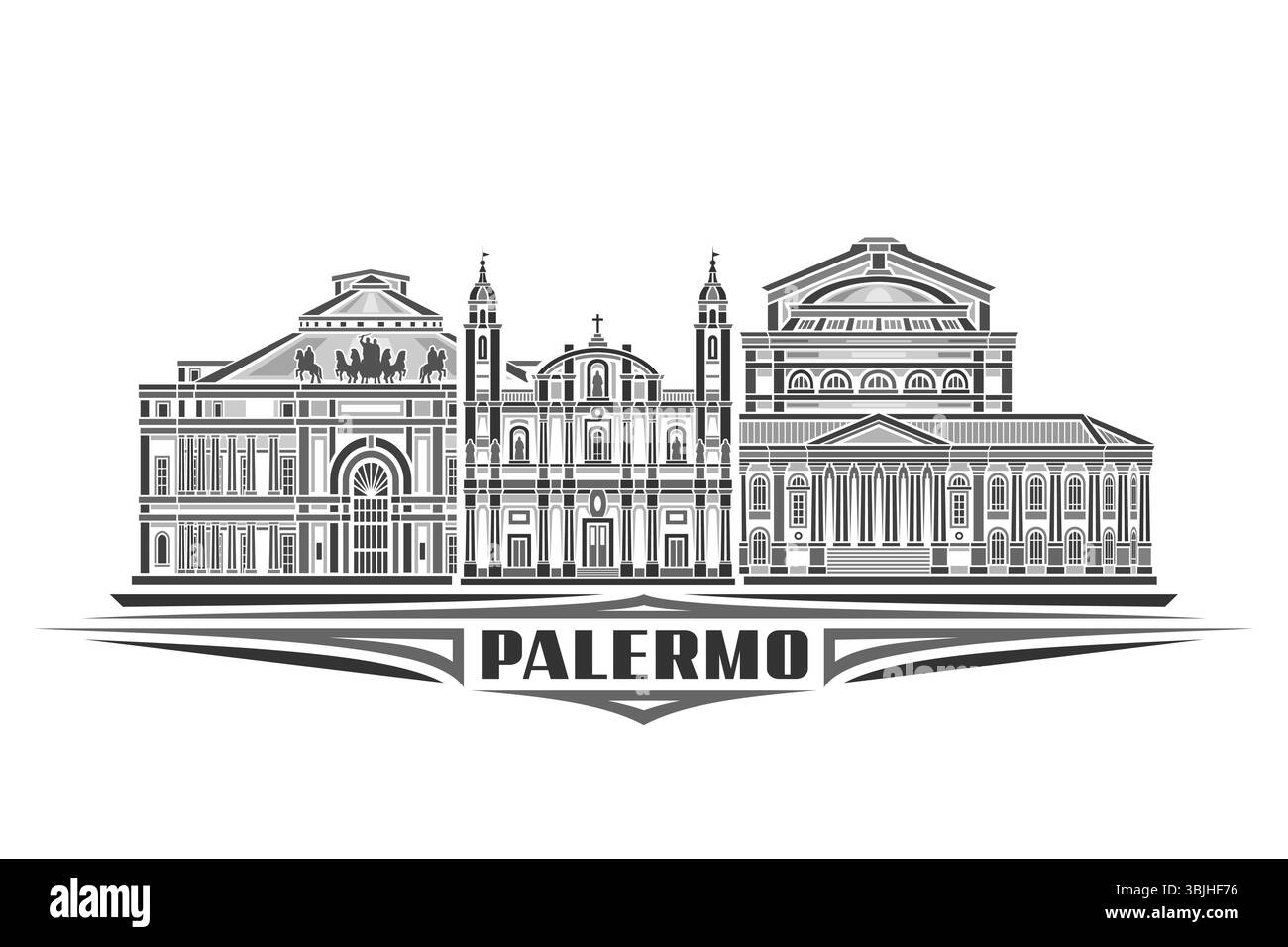 Illustration vectorielle de Palerme, carte horizontale monochrome avec design linéaire palerme paysage de ville, concept historique urbain d'art de ligne avec le décoratif Illustration de Vecteur