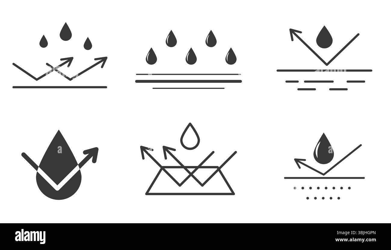 Imperméable icône protection de l'eau, protection de surface contre le liquide. Flèche de ligne et goutte d'eau. Symbole de protection contre les intempéries Matériau imperméable. Défense résistante simple. Illustration vectorielle Illustration de Vecteur