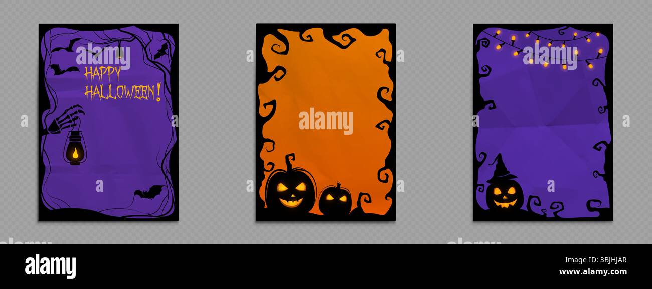 Collection de cadres d'Halloween pour les publications de médias sociaux - frontières effrayantes avec citrouilles, chauves-souris, main squelette et lanternes brillantes. Cartes décoratives violettes et orange avec des arbres effrayants et des lumières festives. Illustration de Vecteur