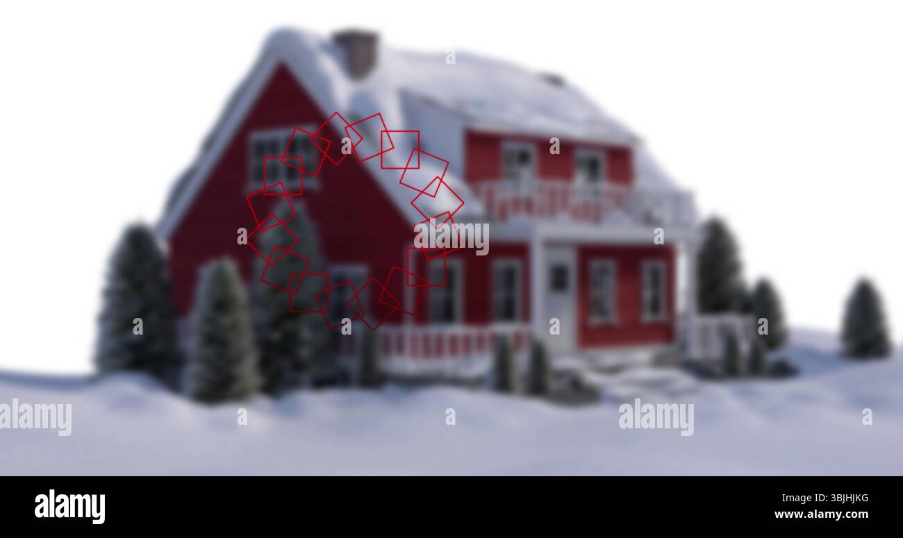 Assis maison rouge de deux étages avec balustrade de balcon dans la clairière couverte de neige, avec des arbres à feuilles persistantes Banque D'Images