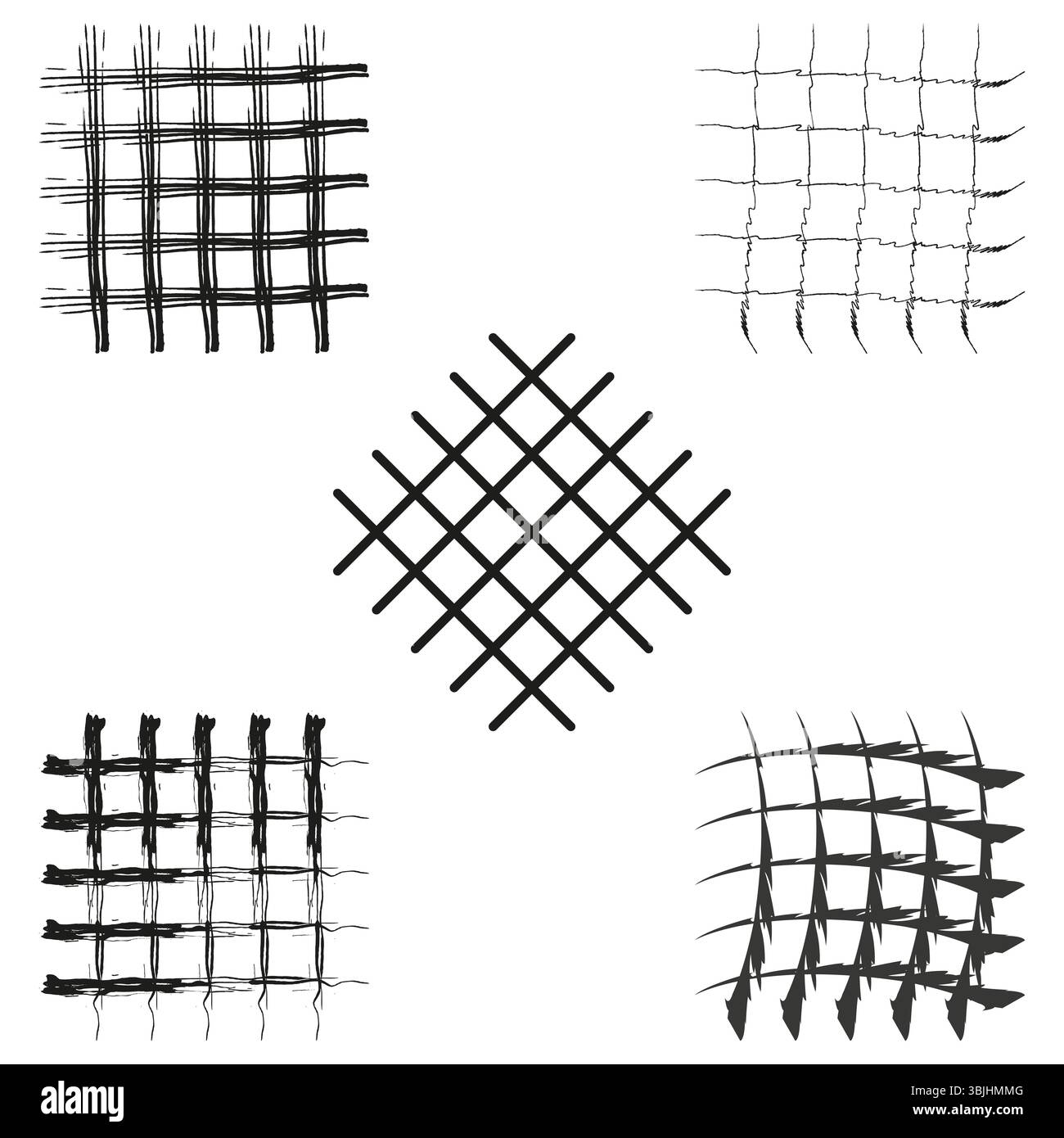 Maillages noirs abstraits. Grille manuelle vectorielle. Formes carrées déformées. Esquisse de structure de ligne. Illustration de Vecteur