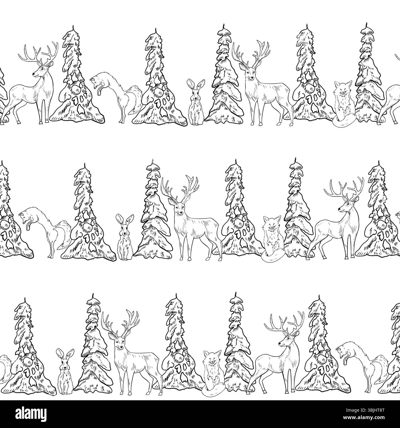 Modèle d'hiver sans couture avec des sapins enneigés et des animaux des bois vecteur de contour blanc noir dessiné à la main. Scène de forêt rustique avec renard, cerf et lièvre Illustration de Vecteur