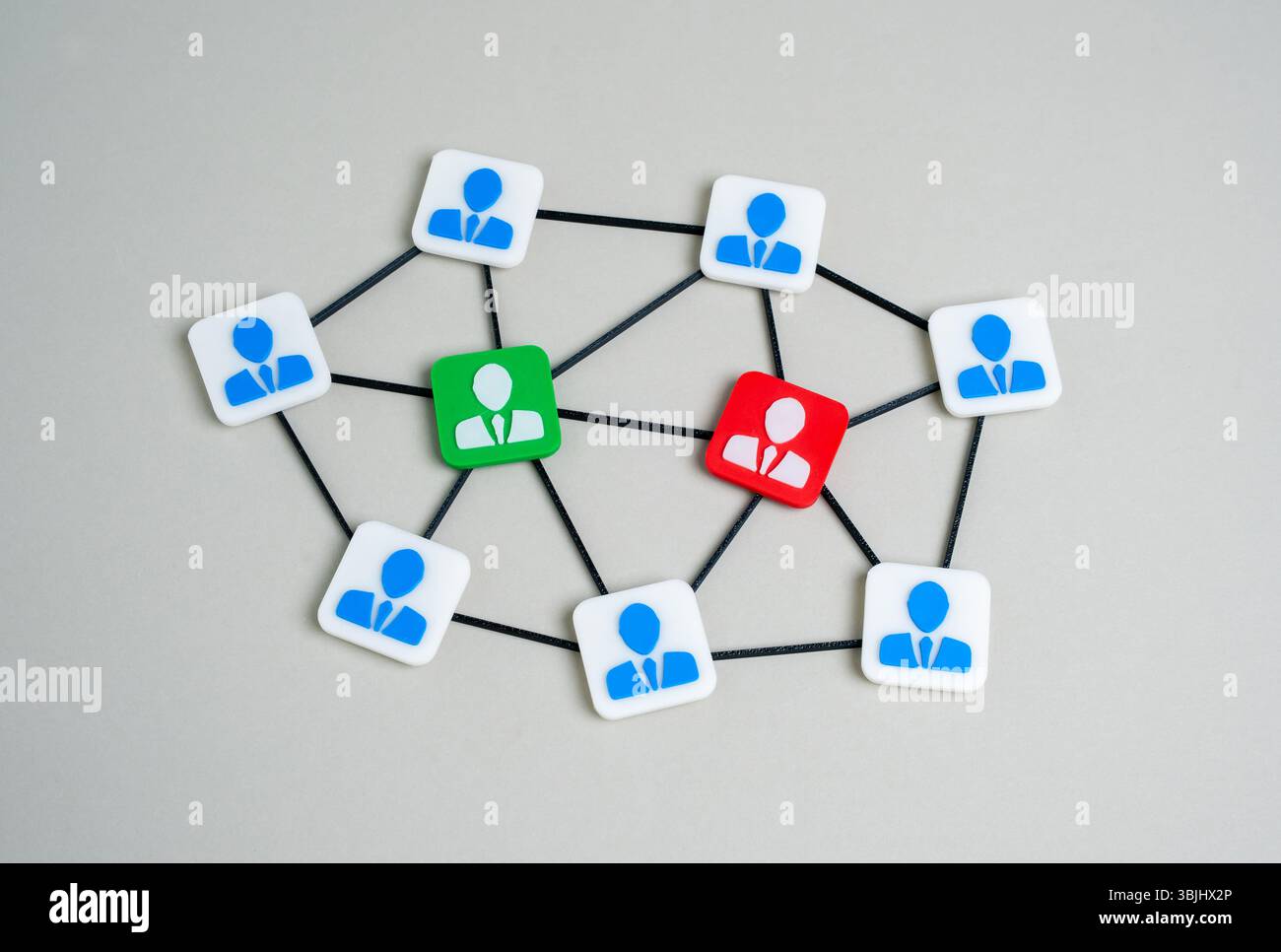 Deux camps opposés dans un réseau corporatif. Centres d'attraction et de pouvoir. Lutte pour le leadership. Rivalité. Compétition pour le leadership dans un corporat Banque D'Images