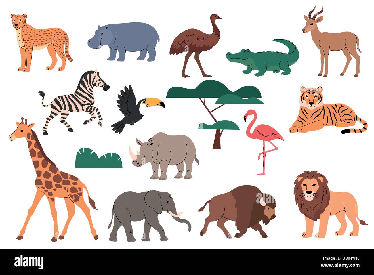 Collection d'animaux africains, illustration vectorielle plate. Guépard, hippopotame, autruche, crocodile, antilope, zèbre, toucan, acacia, rhinocéros, flamant rose Illustration de Vecteur
